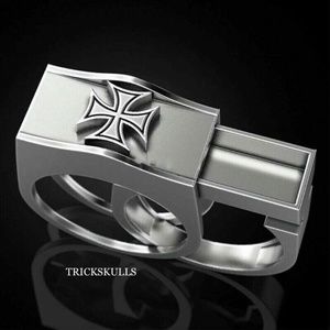 Silver Stainless Steel Maltese Cross Secret Compartment Poison Pill Ring Sz 8-12